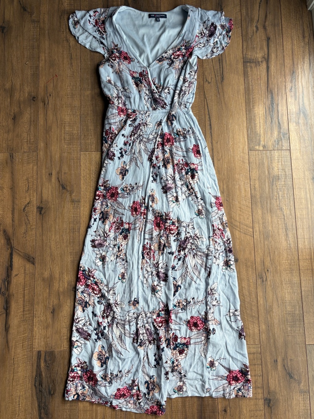 one clothing Light Blue Floral Wrap Maxi Dress with Pink Flowers